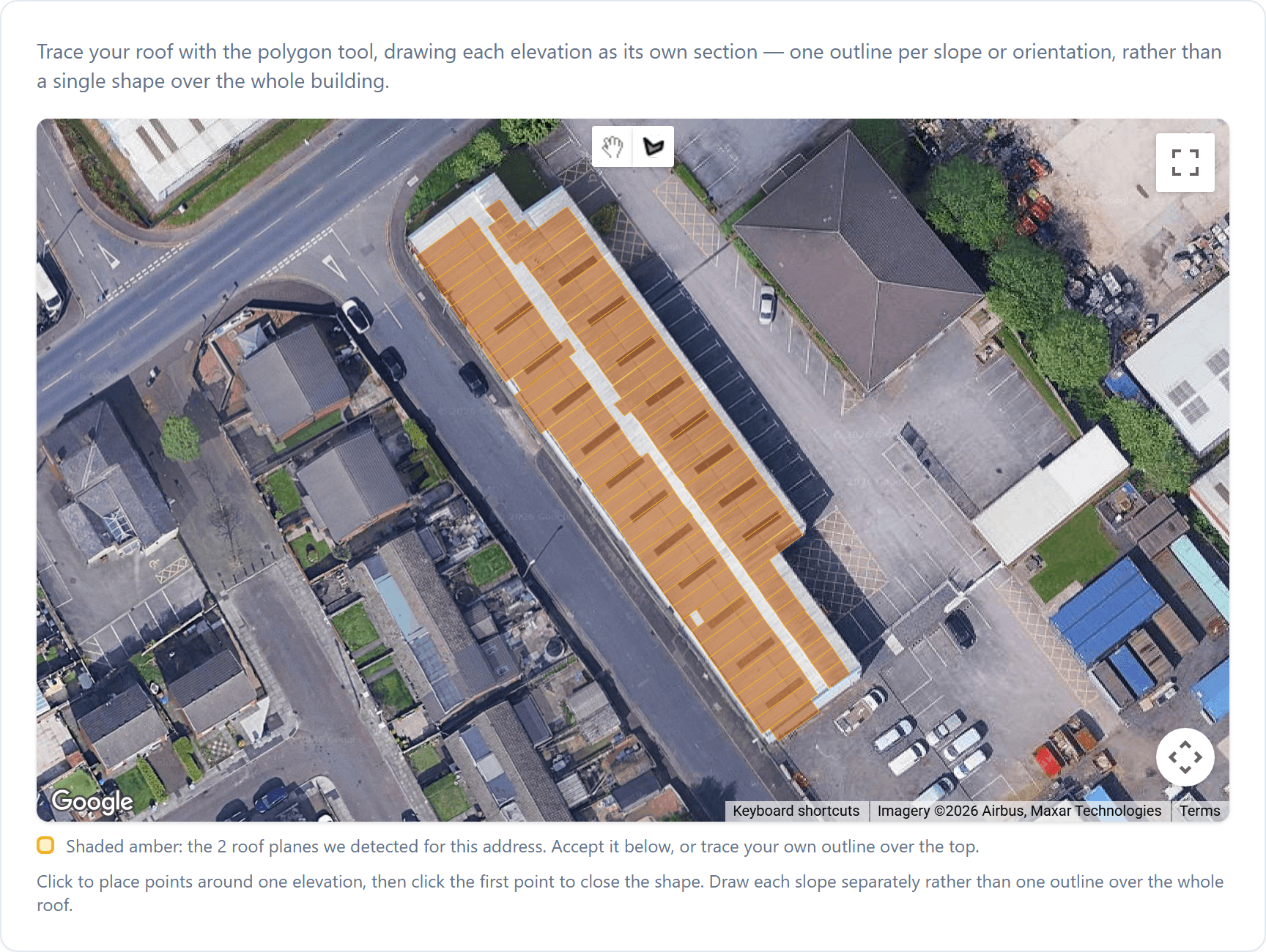 The PowerPlot widget showing a commercial roof on satellite imagery, with its roof planes shaded and guidance for tracing the outline.